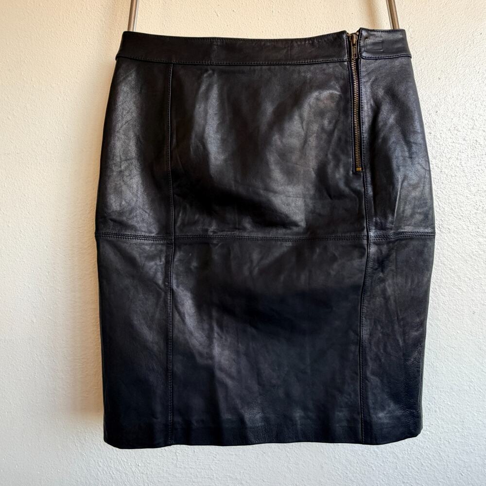 Worthington Black Genuine Lambskin Leather Pencil Skirt Gold Zip Size 12